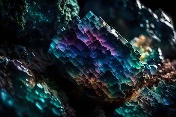 Close-up of a crystalline structure with iridescent colors, resembling an otherworldly gemstone or an undiscovered mineral, set against a backdrop of deep shadows.
