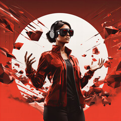 Low poly illustration of woman dressed in red wearing augmented reality glasses (Generative AI)