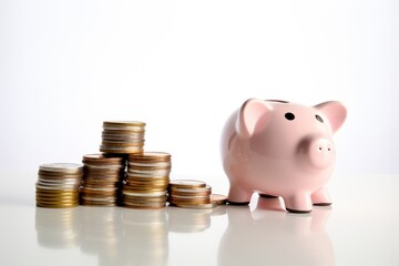 Piggy bank with coins on a simple background, generative ai