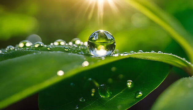 A large water droplet sits glistening on a green leaf, surrounded by smaller droplets, in focus against a blurred background under the sunlight