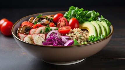 On a dark top view, there is a bowl of buddha along with quinoa, mushrooms, lettuce, red cabbage, spinach, cucumbers, tomatoes, and other vegetables.