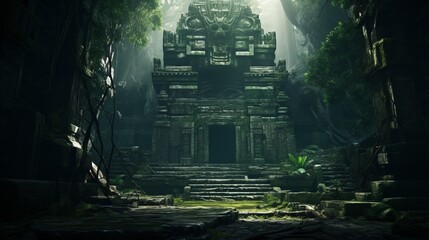 An ancient, mystical temple hidden deep within a lush, emerald jungle, its stone carvings weathered by time - obrazy, fototapety, plakaty