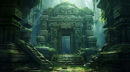 An ancient, mystical temple hidden deep within a lush, emerald jungle, its stone carvings weathered by time