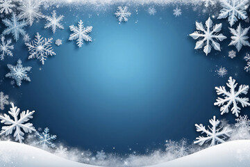 Christmas banner with snow on blue background with copy space. Winter border vector illustration with snowflakes.