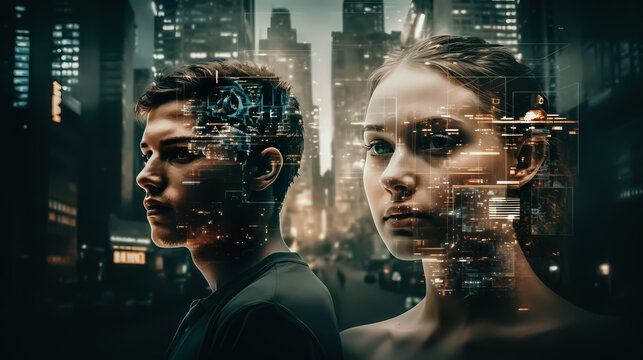 Image &agrave; double exposition avec un homme et une femme sur fond urbain