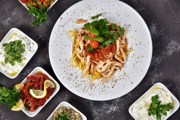 Chicken dinner and various appetizers