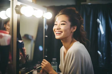 Fotobehang Actor applying theatrical makeup in the dressing room. generative AI © yj