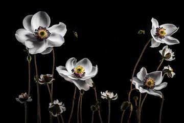 A striking image featuring three Japanese Anemone flowers, elegantly isolated against a dramatic black background. 