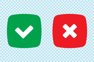 Obraz premium Green tick and red cross checkmarks in flat icons. Yes or no symbol, approved or rejected icon for user interface.