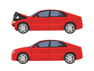 Red car involved in a traffic accident, before and after. A vehicle that crashed from the front.