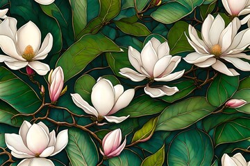 The enchanting beauty of a Magnolia blossom against a backdrop of glossy green leaves, radiating...