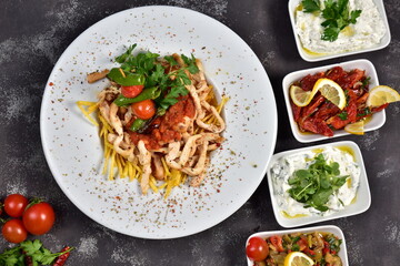 Chicken dinner and various appetizers