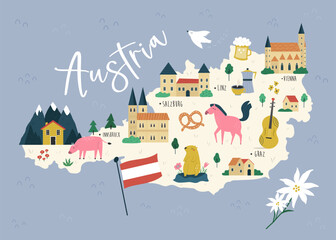 Colorful country map of Austria with famous landmarks, symbols.