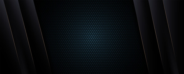 Dark hexagon abstract technology background with bright flashes of gold under the hexagon..