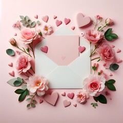Colorful frame designed with natural flowers and petals Vinca rosea petals on paper card Wedding, birthday stationery mock-up scene. Blank paper greeting card, 
