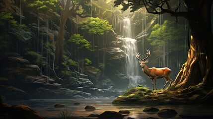 In a hushed forest sanctuary, a sambar deer graces the earth beside the vast banyan roots, with a backdrop of a shimmering limestone waterfall--a moment of sylvan peace. - obrazy, fototapety, plakaty