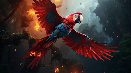 In the heart of the jungle, a hybrid macaw bursts into flight, red feathers ablaze against the dark verdant backdrop of ancient trees and entwined vines.