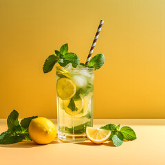 Minimal concept of tropical summer refreshment, delicious cold exotic drink. Lemonade juice or cocktail drink, alcoholic or non-alcoholic.