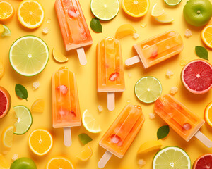 Minimal food concept. Summer tropical background, flat lay of icy exotic refreshment, colorful, vivid color ice creams on stick on pastel yellow background. Pattern made of ice cream and citrus.