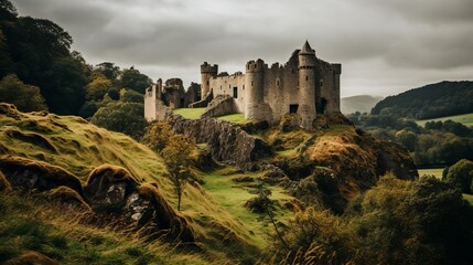A view of a castle that is impressive and has a natural setting.