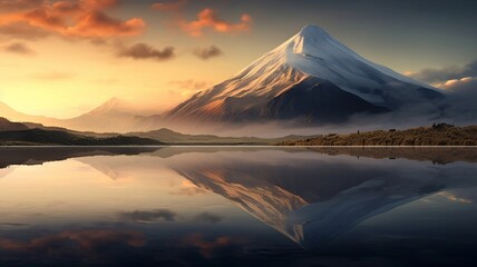 Fototapeta na wymiar A breathtaking view of a volcanic mountain at dawn, its rugged silhouette mirrored in the calm waters of a lake, creating a peaceful and mesmerizing morning landscape