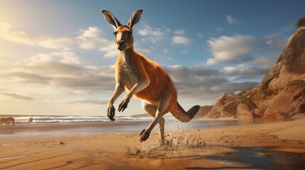 The athletic form of a kangaroo suspended in the air, each muscle defined against the shimmering...