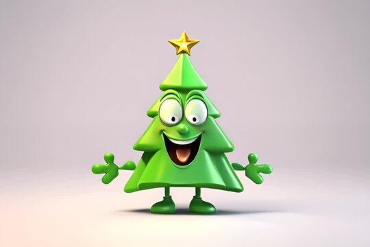 Animated character of a cheerful green Christmas tree with a star on top, wide eyes, and a big smile.