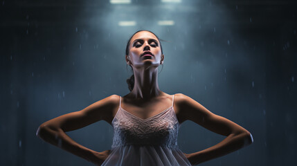 woman in a white dress standing proudly in the rain