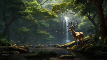 The commanding presence of a sambar deer against the intricate network of banyan roots, a serene limestone waterfall flowing softly in the lush, unspoiled forest. - obrazy, fototapety, plakaty