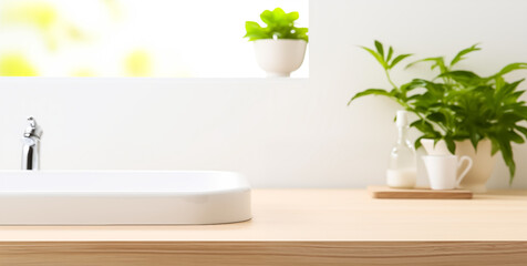 White bathroom interior. Empty wooden table top with plant for product display with blurred bathroom interior background