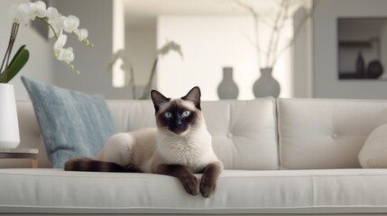 The poised elegance of a Siamese cat is framed within a minimalist interior, its sleek fur a stark...