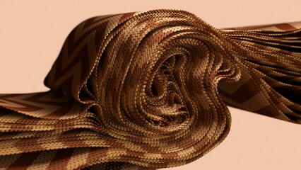 A spiraling 3D fabric with a herringbone pattern in warm earthy tones. 3D illustration