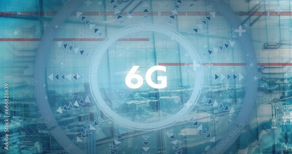 Poster animation of 6g text and data processing over citysacpe