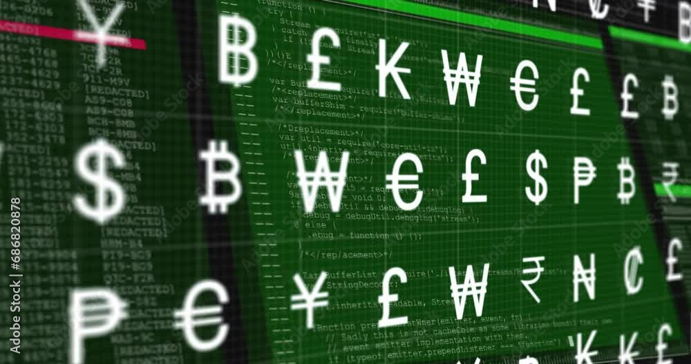 Poster animation of currency symbols and data processing over screen