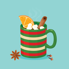 Hot chocolate with marshmallows, cinnamon stick and orange slice in bright striped cup. Winter Christmas cartoon illustration. Cocoa in beautiful mug.