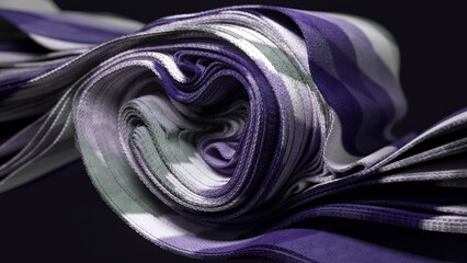 A 3D swirl of fabric in purple and silver hues, showcasing a graceful flow. 3D illustration