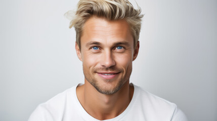 a closeup photo portrait of a handsome blonde scandinavian man smiling with clean teeth. for a dental ad. guy with fresh stylish hair with strong jawline. isolated on white background. - obrazy, fototapety, plakaty