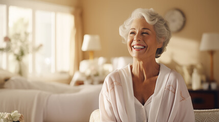 Portrait of a pretty senior woman in a cozy bedroom. The concept of Healthy ageing - obrazy, fototapety, plakaty
