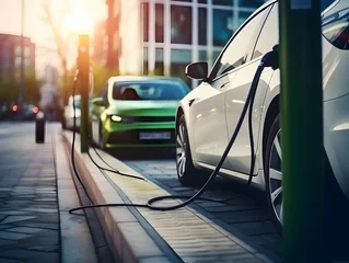 Fotobehang charging EV car electric vehicle clean energy for driving future, eco-friendly alternative energy concept, futuristic hybrid vehicle charge battery electric on station, ai generated photo © Akilmazumder