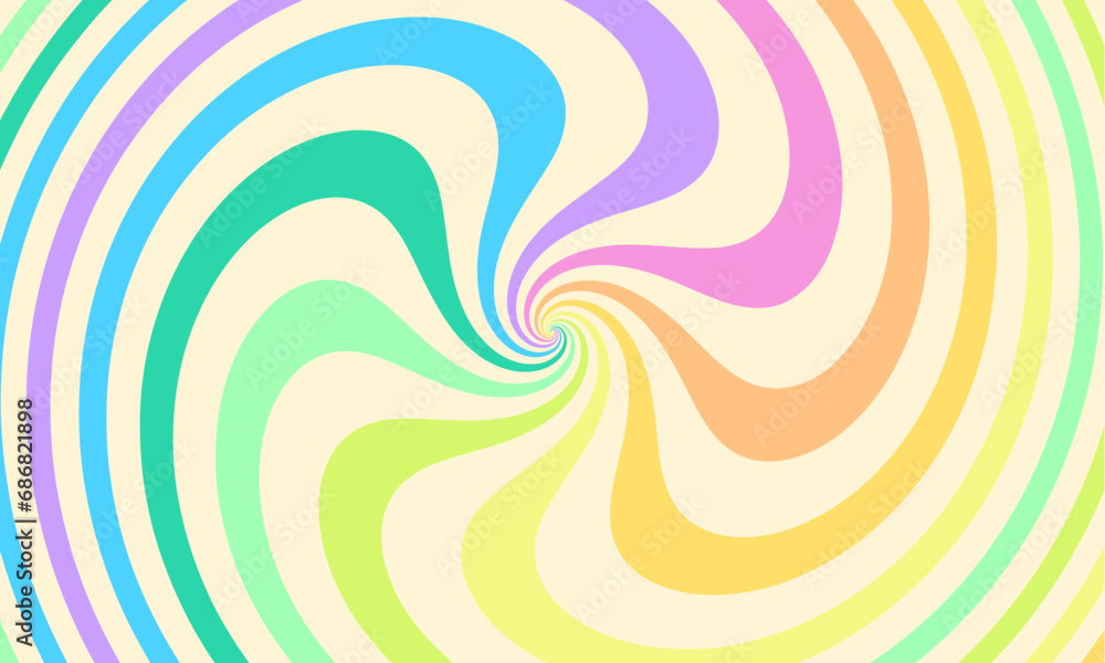 Poster groovy abstract rainbow swirl background. retro vector design in 1960-1970s style. vintage backdrop.