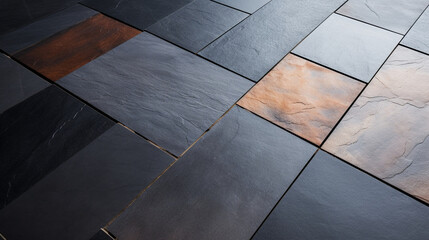 Sleek Slate: A detailed shot of slate flooring, highlighting its smooth surface and rich, earthy tones that create a sense of natural luxury.