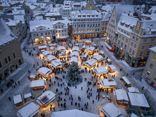 Tallinn,Harju Estonia - 12.01.2023: First Advent at the Town Hall Square in Tallinn. Drone photo....