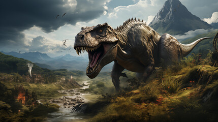 tyrannosaurus rex dinosaur attack humans - obrazy, fototapety, plakaty
