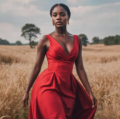Obraz premium Beautiful African Woman in Fashionable Sexy Red Dress Outside in the Wild African Land