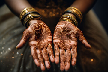 The hands of the Indian bride are decorated with gold beads and painted with henna - Powered by Adobe