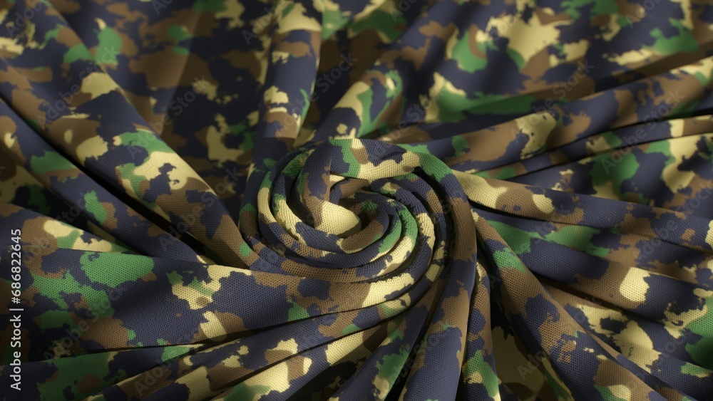 Poster a fabric spiral with a camouflage pattern twists into a dynamic and textured 3d animation.