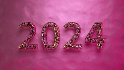 Sparkling pink 2024 numerals on a textured backdrop, ideal for celebratory events and New Year's themes, 3D illustration