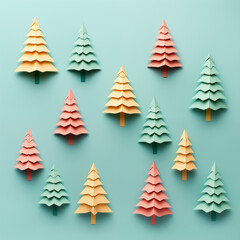 Colofrul Christmas trees on pastel blue background. New Year concept.flat lay, copy space,greting card