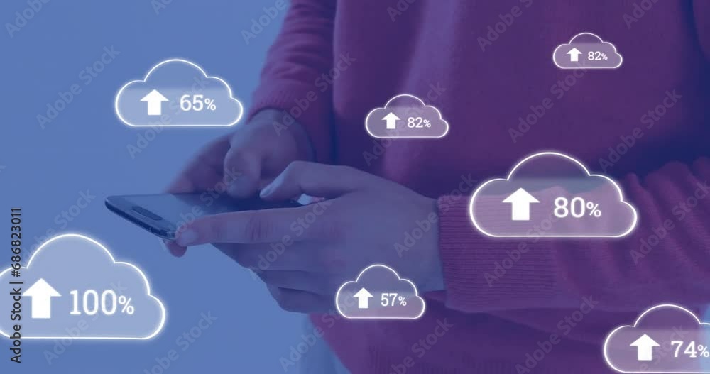 Poster animation of cloud symbols uploading data over midsection of caucasian man using smartphone