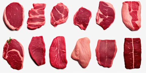 Various Types of Raw Beef Steak Aligned Over A White Background Top View